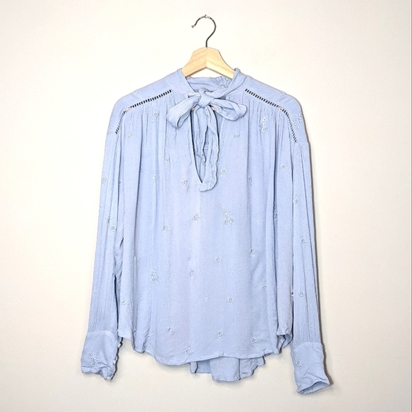 Free People Wishful Moments Tie Neck Blouse Blue Embroidered Long Sleeve Top S - Picture 3 of 16